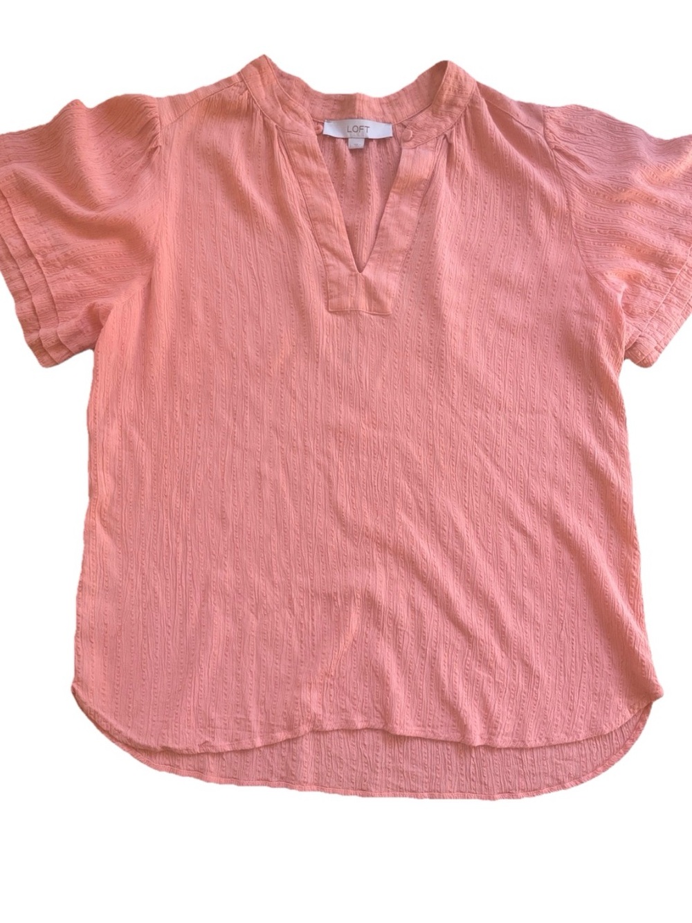 LOFT Peach Gauzy Textured Split V Short Flutter Sleeve Blouse Large
